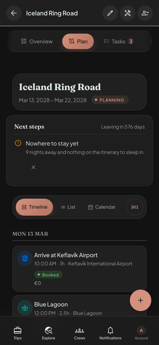 The same itinerary in the dark theme.
