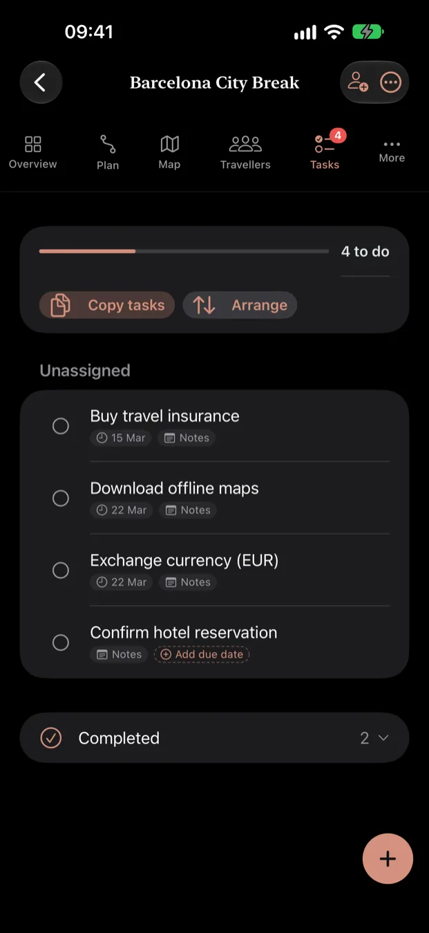 The iPhone app's task list for the Barcelona trip: buy travel insurance, download offline maps, exchange currency, and confirm the hotel reservation, with options to copy tasks and arrange them.