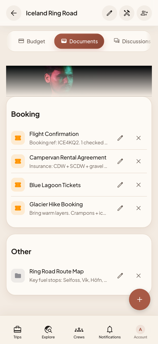 The trip's documents: a flight confirmation, a campervan rental agreement, Blue Lagoon tickets, a glacier hike booking, and a route map.