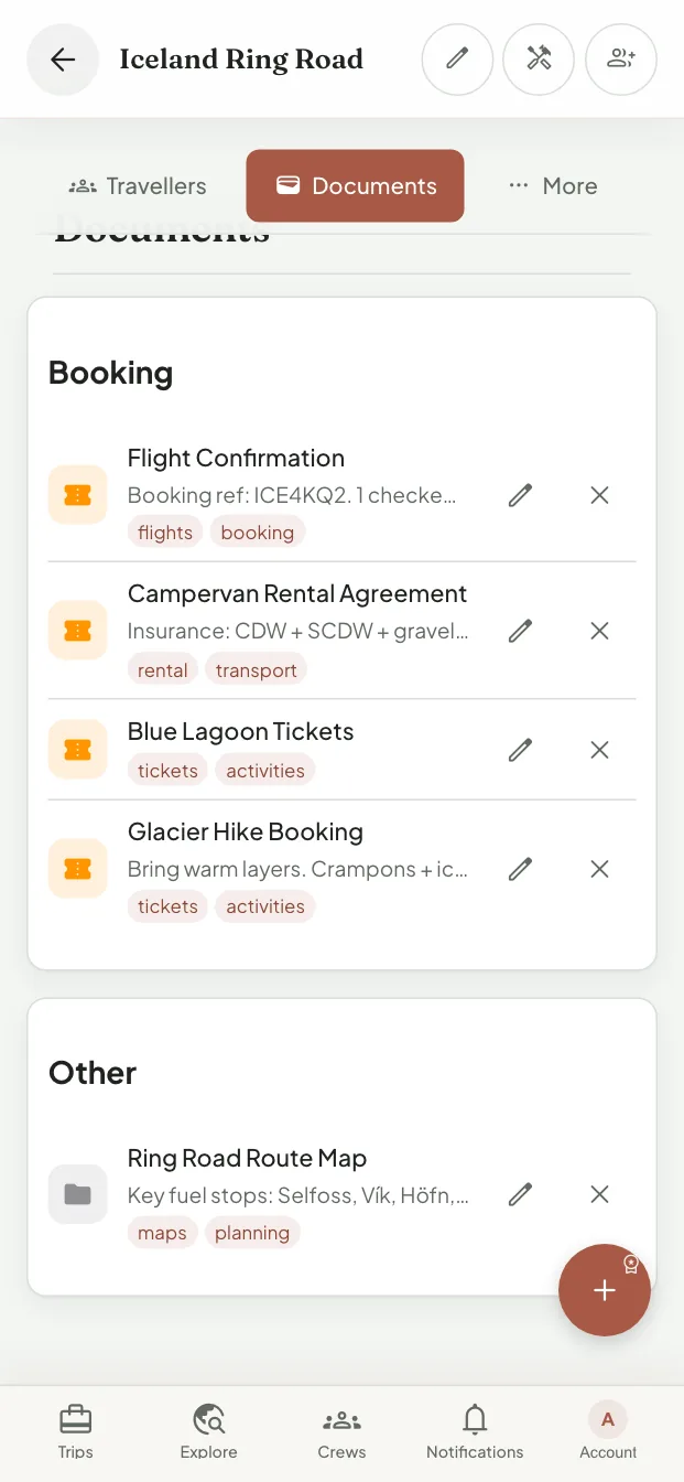 The trip's documents grouped by type: a flight confirmation, a campervan rental agreement, Blue Lagoon tickets, a glacier hike booking, and a route map.