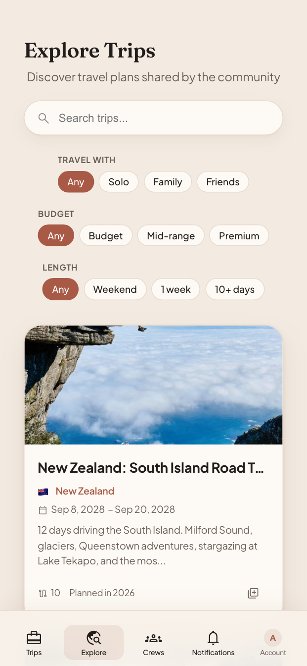 The Explore feed, with filters for who you are travelling with, budget, and trip length, above a shared twelve day New Zealand road trip.