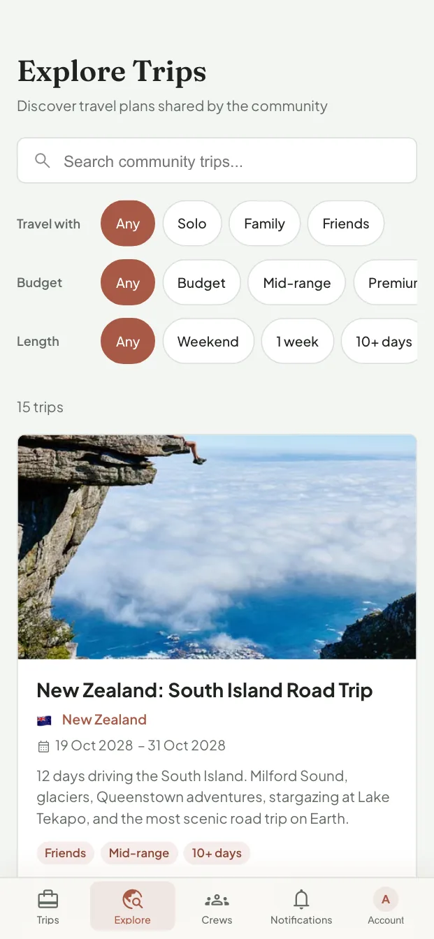 The Explore feed, with filters for who you are travelling with, budget, and trip length, above a shared twelve day New Zealand road trip.