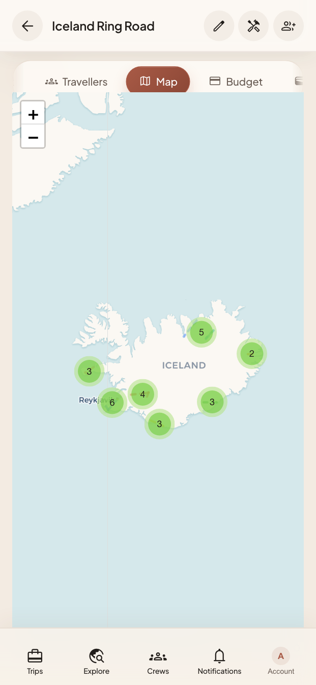The same trip on a map of Iceland, with the planned stops grouped into clusters around the ring road.