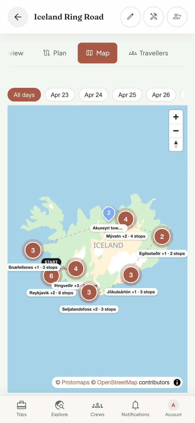 The Iceland trip on a map, with its stops grouped around the ring road from Reykjavík and Snæfellsnes to Mývatn, Egilsstaðir, and Jökulsárlón.