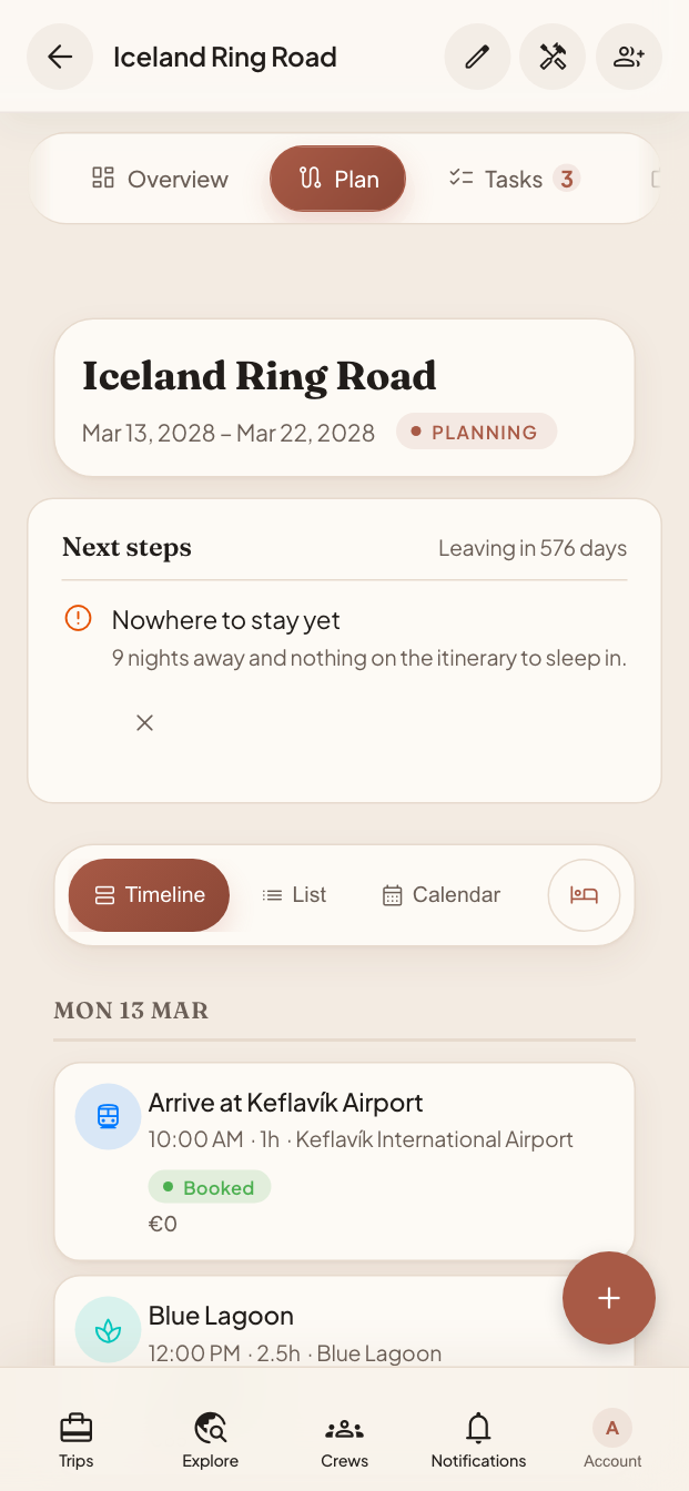 The Iceland trip's itinerary, showing the trip is nine days away, a warning that no accommodation is booked, and the first day's arrival at Keflavík and visit to the Blue Lagoon.