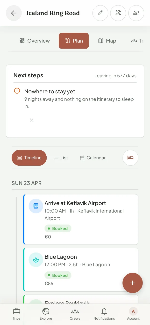 The Iceland trip's itinerary, with a warning that none of its nine nights has somewhere to stay yet, and the first day's arrival at Keflavík and visit to the Blue Lagoon, both marked booked.