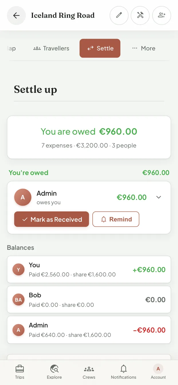 Settle Up for the Iceland trip: one traveller is owed 960 euros by another, with a button to mark it received and a reminder button, above each person's balance.